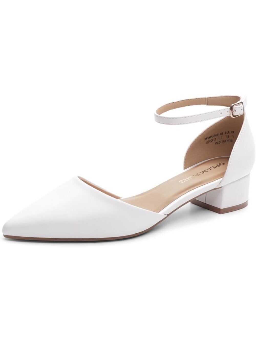 Women's White Low Heel Pump Pointed Toe Comfort Casual Ankle Strap Shoes